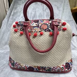 Woven Colorful‎ Paisley Festive Bag with Pom Poms and Handles